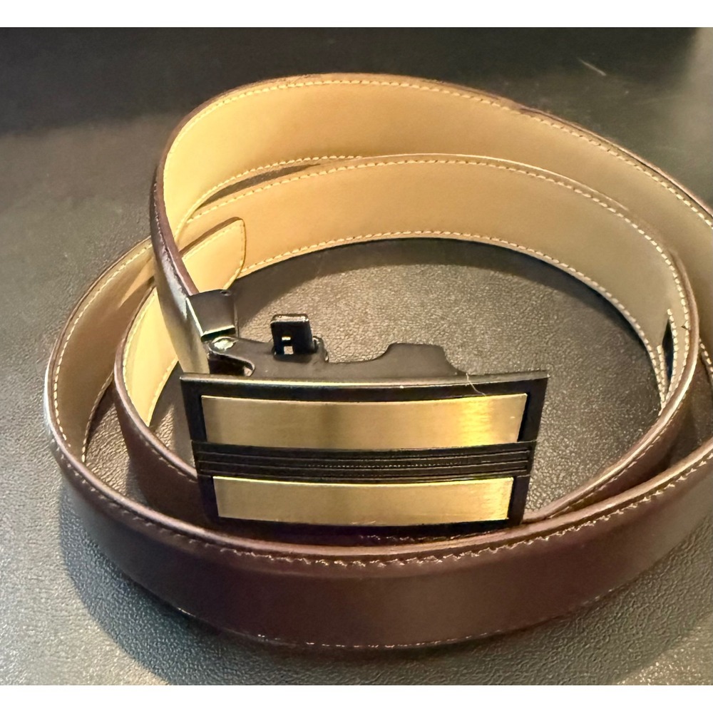 Mens 46" Ratchet Belt Brown Leather Gold Tone Buckle Italy Vera Pelle Preppy
